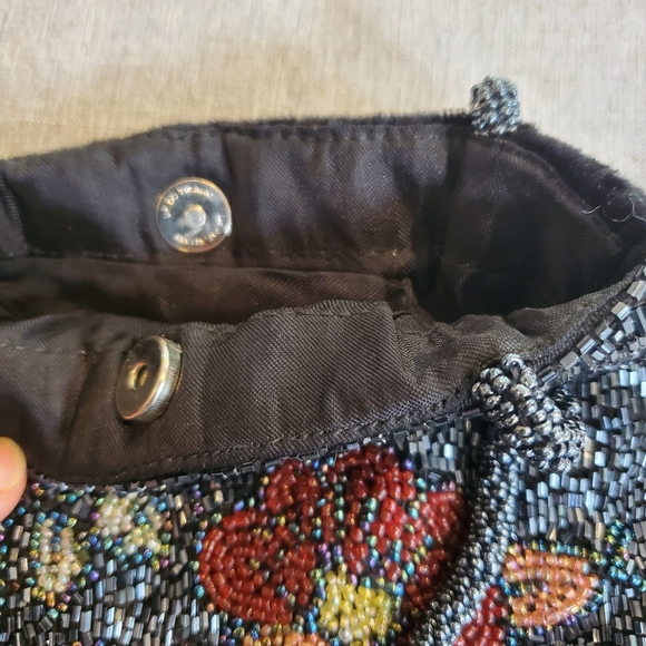 Beaded Purse Bag Floral Navy Blue Flowers Fringe - Picture 12 of 15